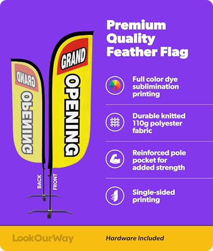 Image of LookOurWay Feather Flag Set - 5ft Tall Advertising Banner Flag with Pole Kit and X-Stand for Business Promotion - Grand Opening Yellow /Red
