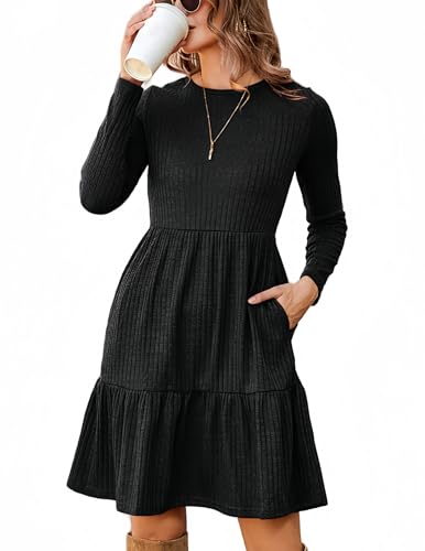 Zeagoo Pulloverkleid Damen Herbst Rundhals Langarm Kleider Elegant Knielang Herbstkleider Casual Dünn A Linie Kleid mit Taschen Schwarz M