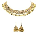 Niaspi Colorful Bohemian Traditional Tribal Statement Necklace Earrings Jewelry Set for Women Multicolour Rainbow Cubic Zircon Ethnic Chunky Ball Tassel Choker Adjustable Jewellery Gifts(Gold)