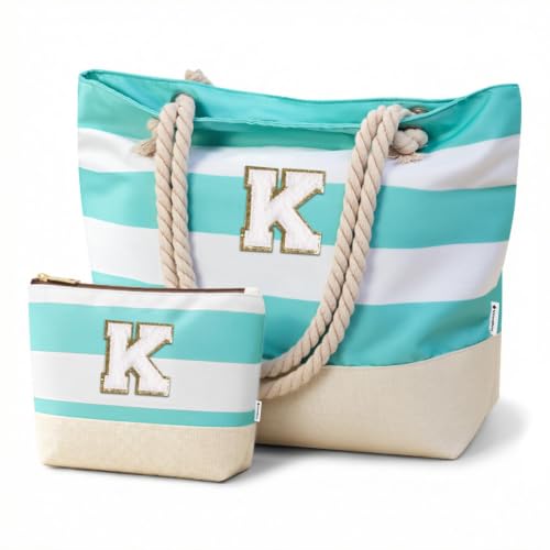 Image of Vavabox Initial Beach Tote Bag for Women, Water-resistant Travel Beach Bag Pool Bag Set, Birthday Gifts for Women Mom