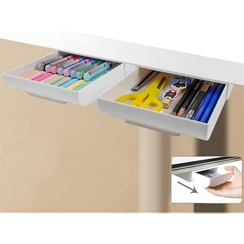 Large Under Desk Drawer Organizer Slide Out, 2 Pack Prncil Holder Desk Drawer Attachment Plastic Desk Accessories & Workspace Organizers, Hidden Desktop Organizer Self-Adhesive Cover