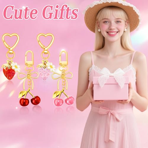 Image of Bag Charms for Handbag Cherry Strawberry Y2K Bow Keychain Cute Purse Charms Accessories for Women Tote Bag Fruit Charm