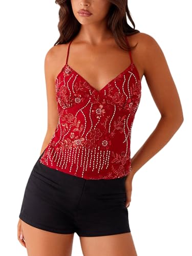 YILEEGOO Women Sequin Sparkle Open Back Criss Cross Straps Tank Top Y2k Pearl Embellished Cami Tops Sexy Bling Glitter Rhinestone Camisole (Red, M)