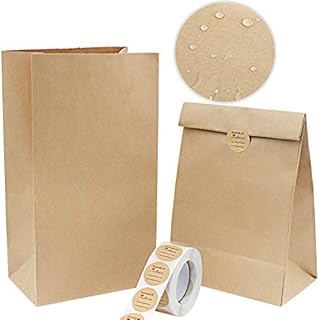 Vandicka 100 Pack Small Brown Kraft Paper Bags and Stickers, Greaseproof Paper Food Bags, Birthday Wedding Christmas Party Favour Gift Bags, Paper Treat Bags for Cookies Sweets Goodies, 18*9*5.5 cm