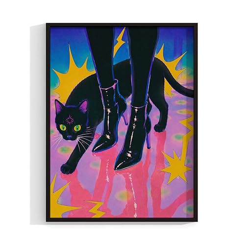 Black Cat Retro Poster Unframed, Neon Witchy Wall Art Print, Vaporwave Cat Illustration, Psychedelic Gothic 80s Pop Art