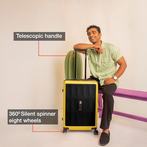 Image of Nasher Miles Zanzibar TSA Lock Hard-Sided Polycarbonate 8 Wheels Double Spinner Check-in Luggage Black Yellow 28 inch |75cm Trolley Bag| Suitcase,Large