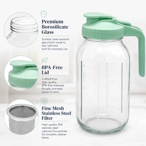 2 Pack Glass Pitcher with Infuser, 64 oz Glass Carafe with Lid and Handle, Cold Brew Coffee Maker with Stainless Steel Filter, Leakproof Iced Tea Pitcher for Fridge, Lemonade, Fruit Tea, Juice by Tanwater - Used condition - Image 4