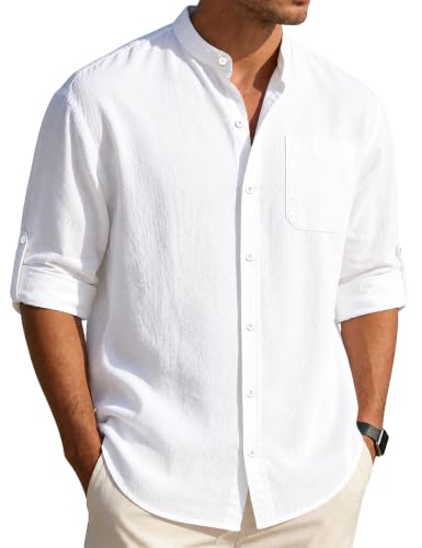 Men's Cotton Linen Long Sleeve Button-Down Shirt White