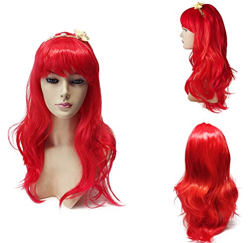 Peluca Larga Rizada Roja de Cosplay, Peluca Roja Ondulada Rizada, Traje Sirena Mujer y NIña, Pelo de 60cm de Longitud de Anime (Rojo➕cinta)