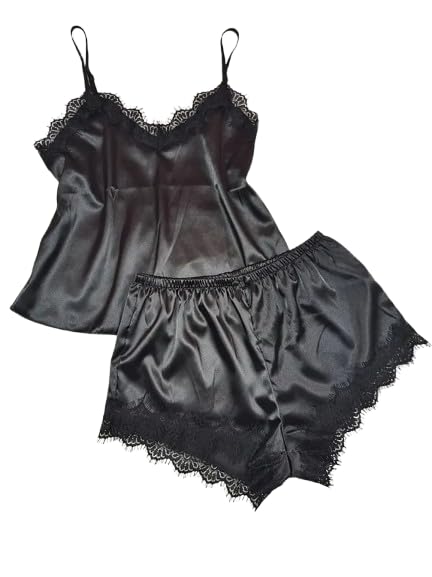 Satin Top and Shorts Sleepwear Set with Lace Trim, Solid Night Suit-image-39
