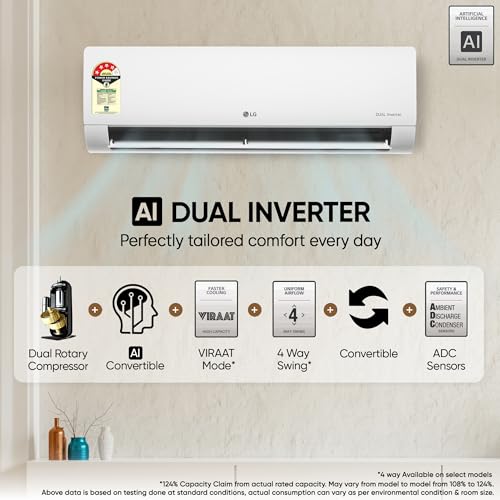 Image of LG 1.5 Ton 4 Star DUAL Inverter Split AC (Copper, AI Convertible 6-in-1, VIRAAT Mode, Faster Cooling & Energy Saving, 4 Way Swing, HD Filter with Anti-Virus Protection & Him Clean, AS-Q19JNYE, White)