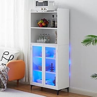 TUKAILAi LED Sideboard Kitchen with 2 Clear Glass Doors, 160CM Tall Display Cabinet with Adjustable Shelves, Living Room Cupboard Display Unit Cabinet Free Standing Bookcase Amply Storage White