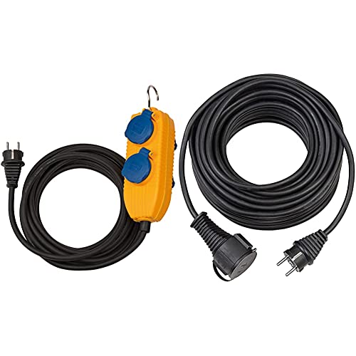 Brennenstuhl Baustellenkabel IP54 mit Powerblock (4-Fach Verlängerung für außen, Aussen-Verteiler mit 10m Kabel) & Qualitäts-Gummi-Verlängerungskabel 5m (IP44, Kabel für außen) schwarz
