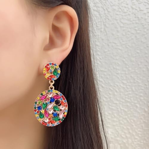 Pendientes colgantes de diamantes de imitación ovalados vintage coloridos para mujer, de lujo, a la moda, elegantes aretes grandes, aretes para