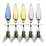 Axorafow 5 cebos giratorios de pesca antimosca, acero al carbono y señuelos artificiales de polipropileno con hélice de agua dulce salada, kit de aparejos de acción realista en caja de almacenamiento