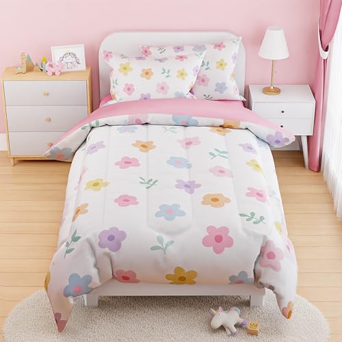 SANDJEST Floral Comforter Set Full Size 98x86in for Kids Girls, Microfiber 4 Pieces Bedding Set Includes 1 Comforter, 2 Pillowcases, 1 Fitted Sheet, Nursery Room Decor