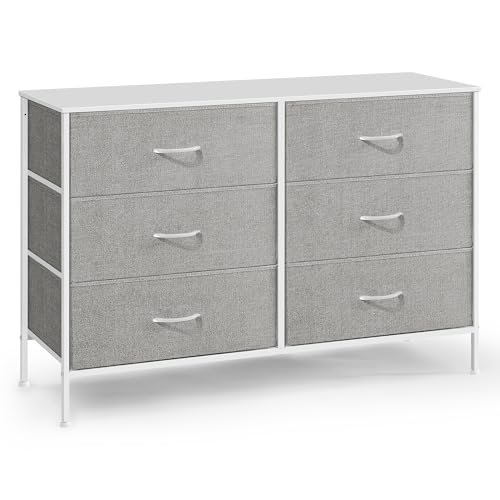 SONGMICS Kommode mit 5 Schubladen, Aufbewahrungsschrank mit 6 Stoff-Schubladen, 40 x 117 x 77,5 cm, modern, weiß-hellgrau LTS833W01