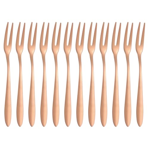 sourcing map 12 Pcs Pickle Fork, 5.2 Inch Olive Fork with Long Handle, Stainless Steel Cocktail Forks, 2-Tine Fork for Dessert Cocktail Fruit and Vegetable Rose Gold