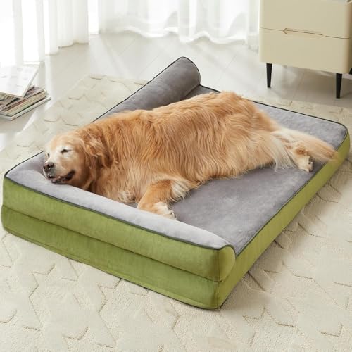 Image of Gorgeous Dog Beds Memory Foam Orthopadic Large Bed Waterproof Layer for Labrador, Bulldog, Retriever, Poodle, Large Breed Dogbed (Grey Green, 36x27x4)
