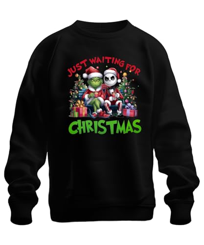 Just Waiting for Christmas Grinch Jack Skellington Santa Funny Unisex Sweatshirt Pullover, black, XL