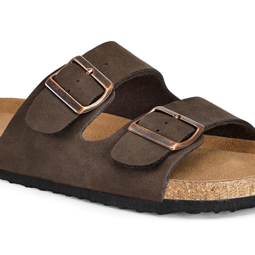 Image of mysoft Womens Flat Sandals Cork Footbed Slides with 2 Straps | Adjustable Buckle Slip On Comfortable Casual Light Weight Summer sandals