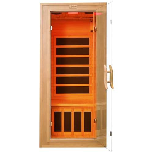 Infrared Home Sauna Room 1 Person Hemlock Wooden Indoor Dry Sauna with Red Light & Bluetooth Speakers 1350W 7 Heaters Panels,LCD Control Panel Time and Temp Pre-Set