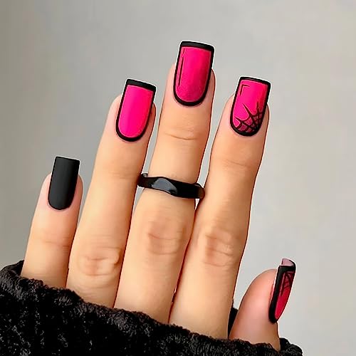 Halloween Press on Nails Medium Square Matte Fake Nails Pink False Nails With Black Spider Web Designs Full Cover Stick on Nails Acrylic Coffin Artificial Nails Glue on Nails for Women Girls 24Pcs