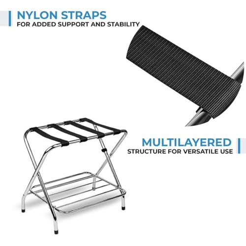Image of Multipurpose Portable Foldable Stainless Steel Luggage Rack with Shoe Storage Shelf, Heavy-Duty Mirror Finish Frame, Black Nylon Straps, Ideal for Home, Hotel & Travel Use