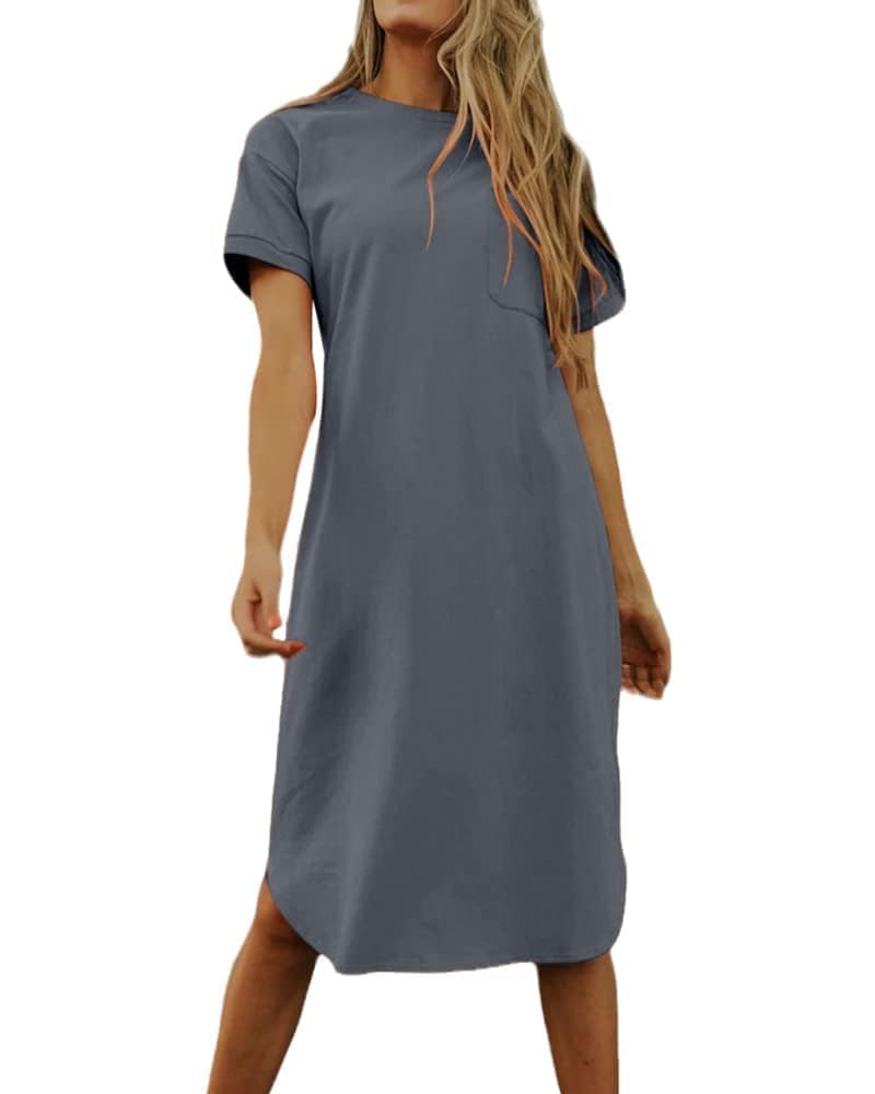 Imily Bela Dame Tshirt Kleid Sommer Shirtkleid Baumwolle Kurzarm Rundhals Minikleider Freizeitkleid mit Taschen.