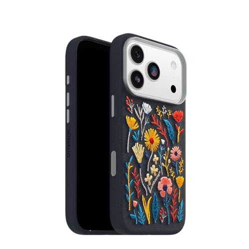 Image of OtterBox iPhone 17 Pro Symmetry Series Cactus Leather Embroidery Case - Enchanted Garden - Blue - Textured, Embroidered Floral Artistic iPhone Case