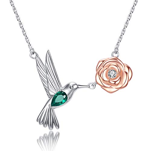 Hummingbird Necklaces Sterling Silver - Hummingbird Roseflower Pendant Embellished With Shining Zirconia Animal Jewelry Christmas Birthdays Gifts For Woman Wife Girlfriend Mom Daughters. (Hummingbird with Roseflower)