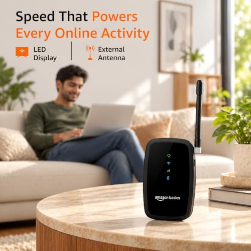 Image of Amazon Basics 4G LTE Wireless Dongle with Antenna, 3800 mAh Rechargeable Battery, All Network SIM Support, Up to 150 Mbps 2.4 GHz Wi-Fi for up to 8 Devices, SD Card Slot, Type-C Charging (Black)