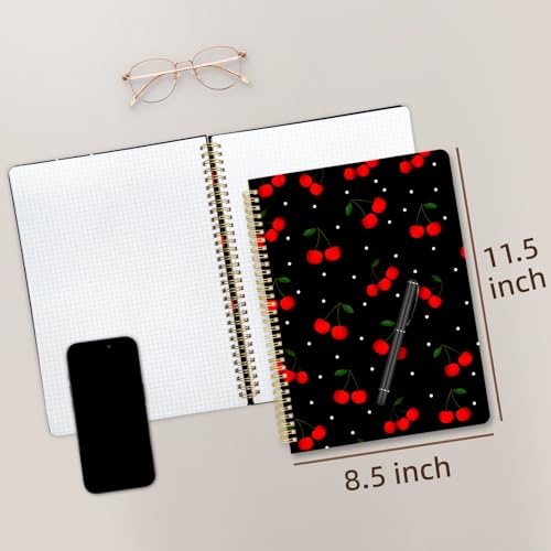 Image of Cute Spiral Notebook 8.5 x 11 Graph Paper Journal A4, Cherry | 70 page, Note Book with Pocket, Large, Big, Hard Cover, Aesthetic, Pretty Design, for Women, Girls, Kawaii