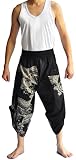 Siam Trendy Men's Japanese Style Pants One Size Black Painting Fish Dragon Design