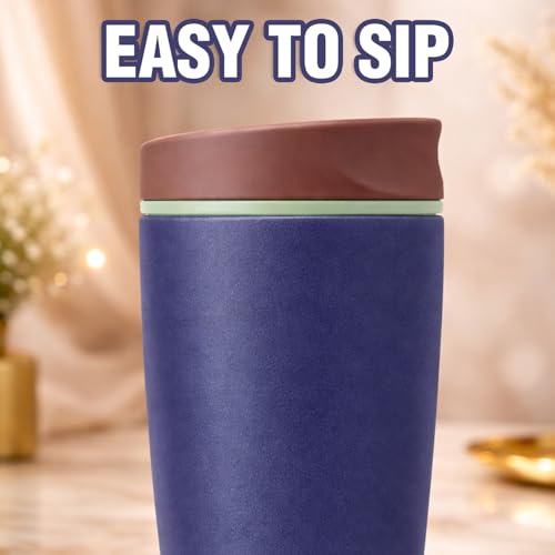 Image of Lyrovo Insulated Coffee Mug with Lid for Office & Travel | Reusable Double Walled Coffee Mug for Men & Women | Hot & Cold Beverage Cup (No Handle, Navy Blue)