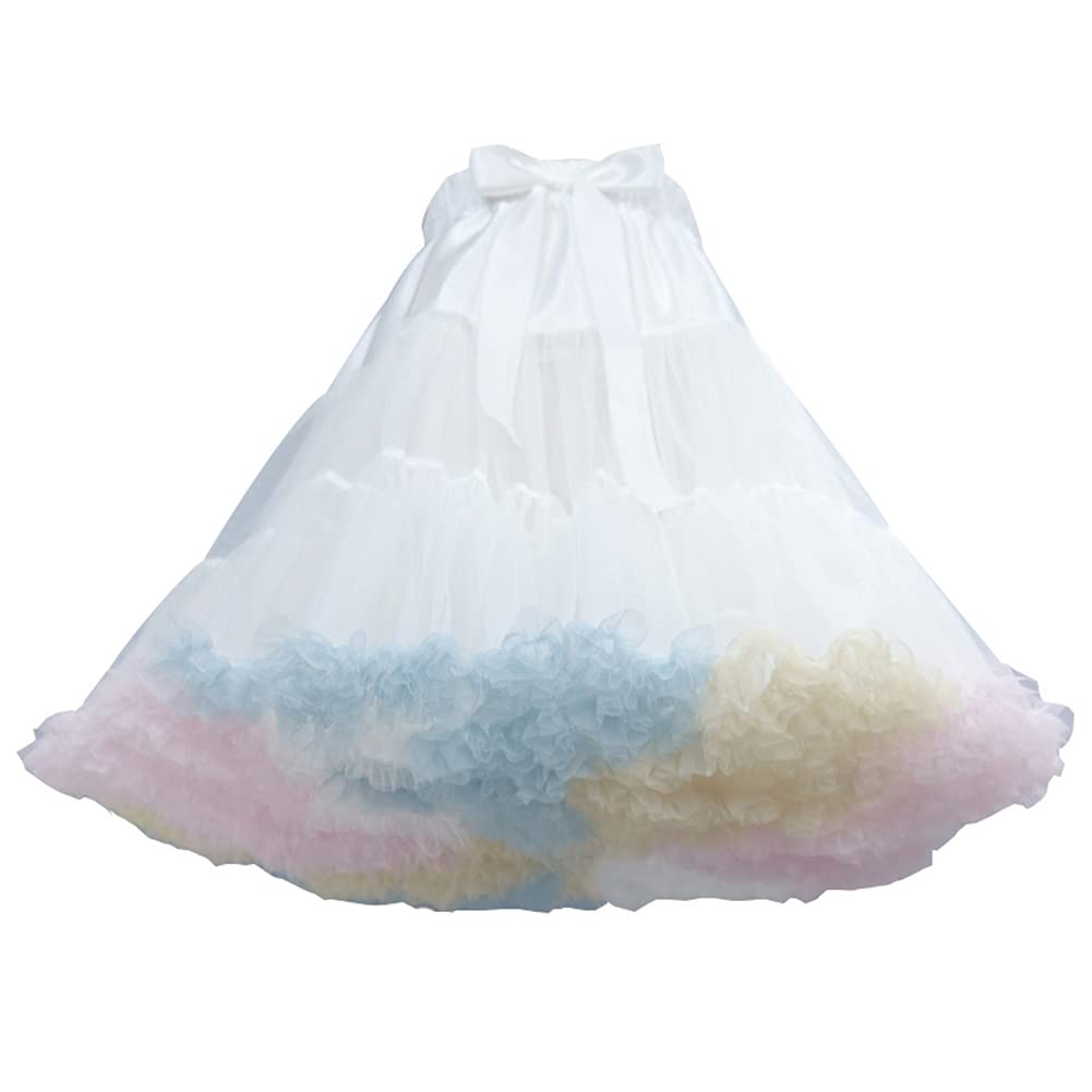 Philaeec Women's White+Rainbow Elastic Waist Chiffon Petticoat Puffy Tutu Tulle Skirt Multi-Layer Cosplay Fluffy Skirt Underskirt, Length 40Cm, Waist 55-95Cm (White+Rainbow)