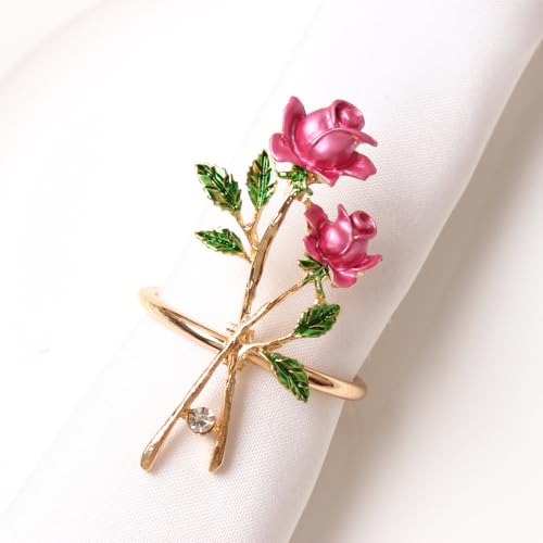Set of 6 Pcs Metal Rose Napkin Rings Set-Suitable for Western Restaurant -Wedding Banquet Carnival Party Table Decorations-Rose Flower Dinner Napkin Holder for Mother's Day-Dinners-Parties