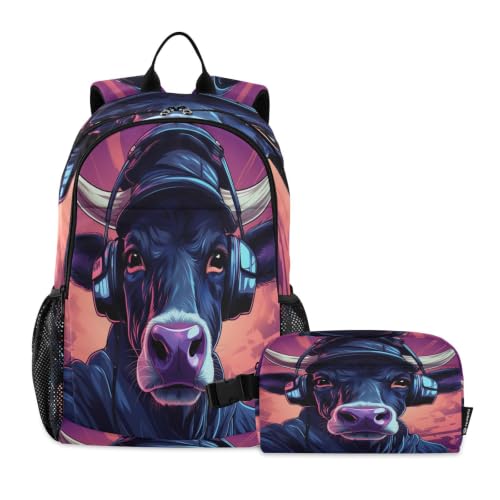 Sac à dos étudiant avec sac à lunch vache pourpre pour voyage et école