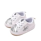 YPLOJOUO Baby Sneakers Contrast Color Sequins Shoelace Soft Sole Non-Slip Infant First Walking Shoes for Spring Fall 0-18M (Silver, 12-18 Months)