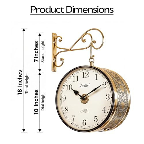 Image of CRAFTEL Double Sided Station Wall Clock Multi-Layer Electroplated | English Roman Numerals | Aluminum Matte-Finish Dial Brass Body | Dial - 10 Inches, Shiny Gold | 365 Days Warranty