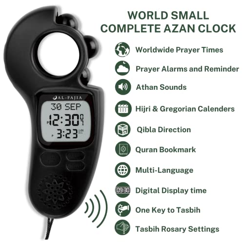 Image of Islamic Prayer Time and Athan Sound Reminder Digital Tasbih Counter, Full Azan Clock for USA and Worldwide, Portable - Black