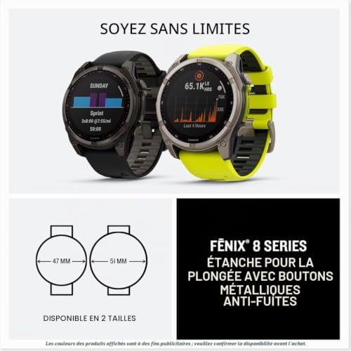 Garmin fēnix® Montre Intelligente GPS Multisports Solaire AMOLED, 8 à 51 mm, Couleur Saphir, Batterie Longue durée, Lampe de Poche LED intégrée, Couleur Gris Carbone DLC Titane avec Bracelet Gris