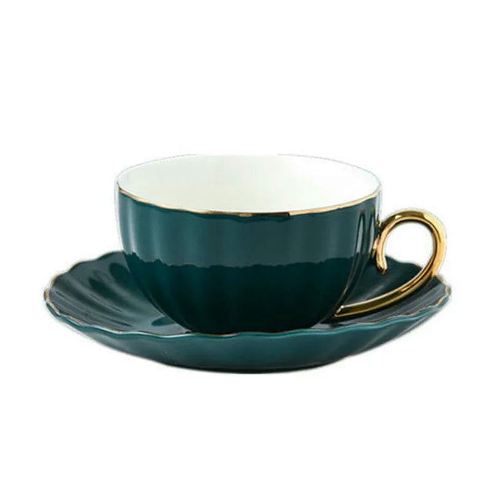 Set di 7 Tazze da caffè in Porcellana Bone China con piattino e Cucchiaio, 200 ml, Tazze da tè pomeridiano Inglese, Tazze da caffè per Feste (Verde)