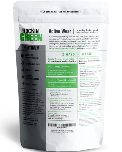 Rockin' Green Laundry Detergent, Plant based, All Natural Laundry Detergent Powder, Vegan and Biodegradable Odor Fighter, Safe for Sensitive Skin (Active Wear 120 Loads - Unscented)
