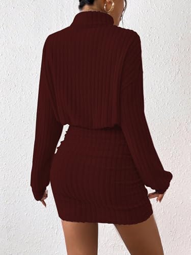 Women's Pullover Sweater Dress Long Lantern Sleeve Turtle Neck Cute Ribbed Knit Bodycon Mini Short Dress 2024 Fall3