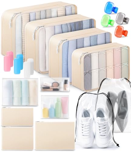 All-in-One 22 Pcs Packing Cubes for Travel Essentials –Includes Cubes,toothbrush covers,Silicone Bottle Cover,zipper bags, Matte Cosmetic Bag, Drawstring bag for Carry-On & Suitcase