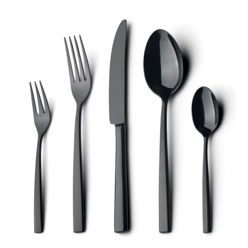 Alata Konrad 18/10 Edelstahl Poliert Schwarz Besteck Set 6 Personen Essbesteck 30 teilig Monobloc-Messer Glänzend Spülmaschinenfest