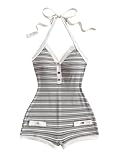 Verdusa Women's Striped Halter Romper Casual Summer Sexy Romper Short Date Night Outfits Black and White Medium