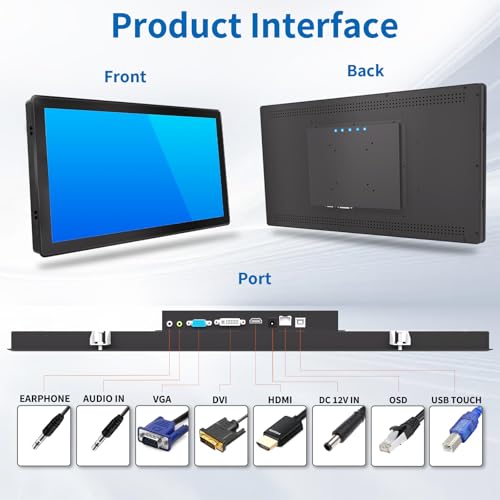 Image of 21.5 Inch Industrial Touch Screen Monitor, 10 Points Touch, Ratio 16:9 Capacitive PCAP Display, 1920 x 1080R, Active Matrix TFT LCD, LED Backlight, VGA, DVI, HD-MI Ports