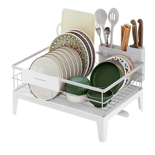 SONGMICS Égouttoir à Vaisselle, Organisateur de Plan de Travail, Bec Rotatif à 360° et Extensible, Bac d’Égouttement, Porte-Couverts, 31 x 42 x 18,5 cm, Blanc Nuage KCS550WG01
